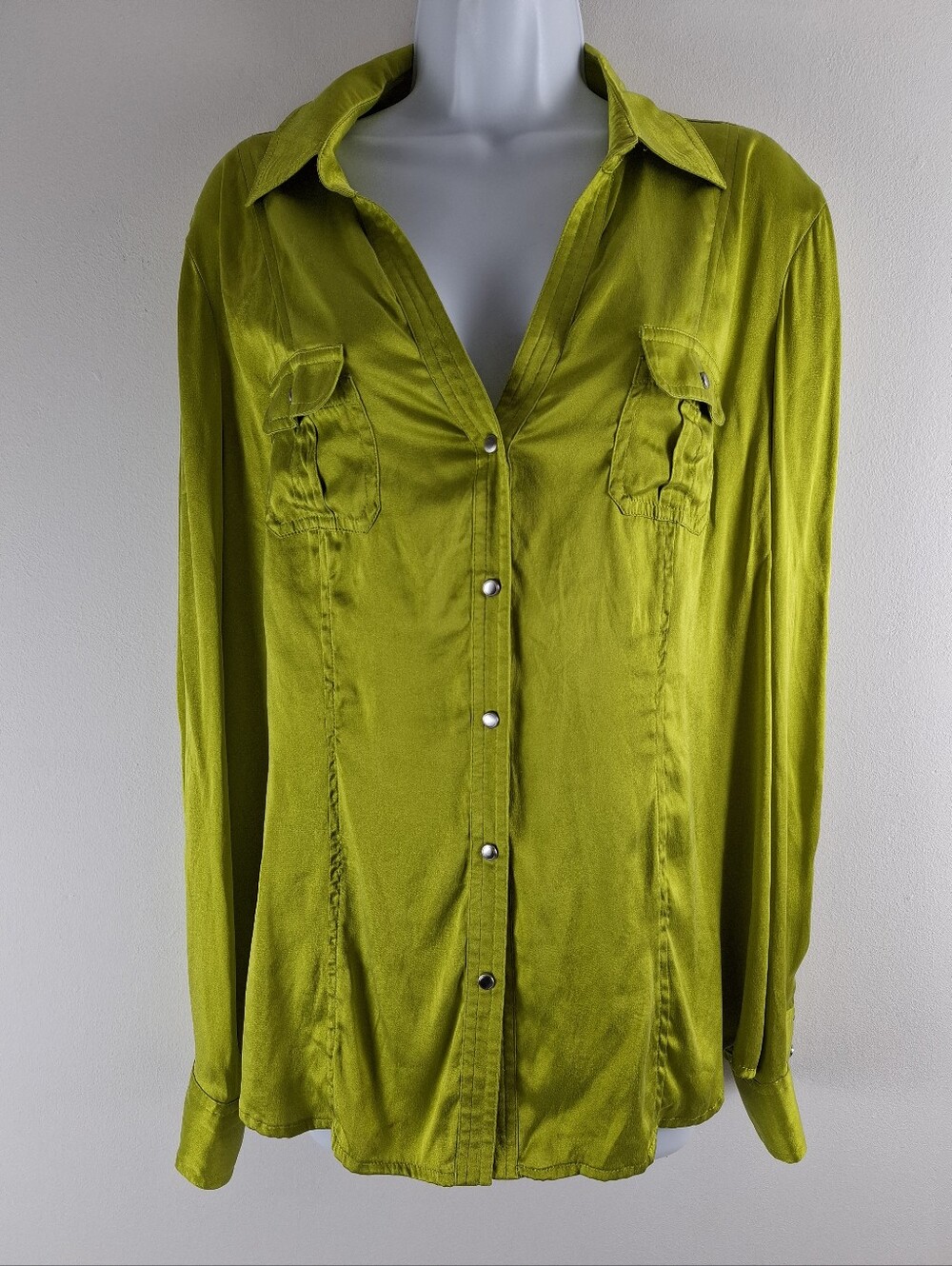VTG CACHE Chartreuse Yellow Green Silk Retro Y2K Long Sleeve Shirt size XL